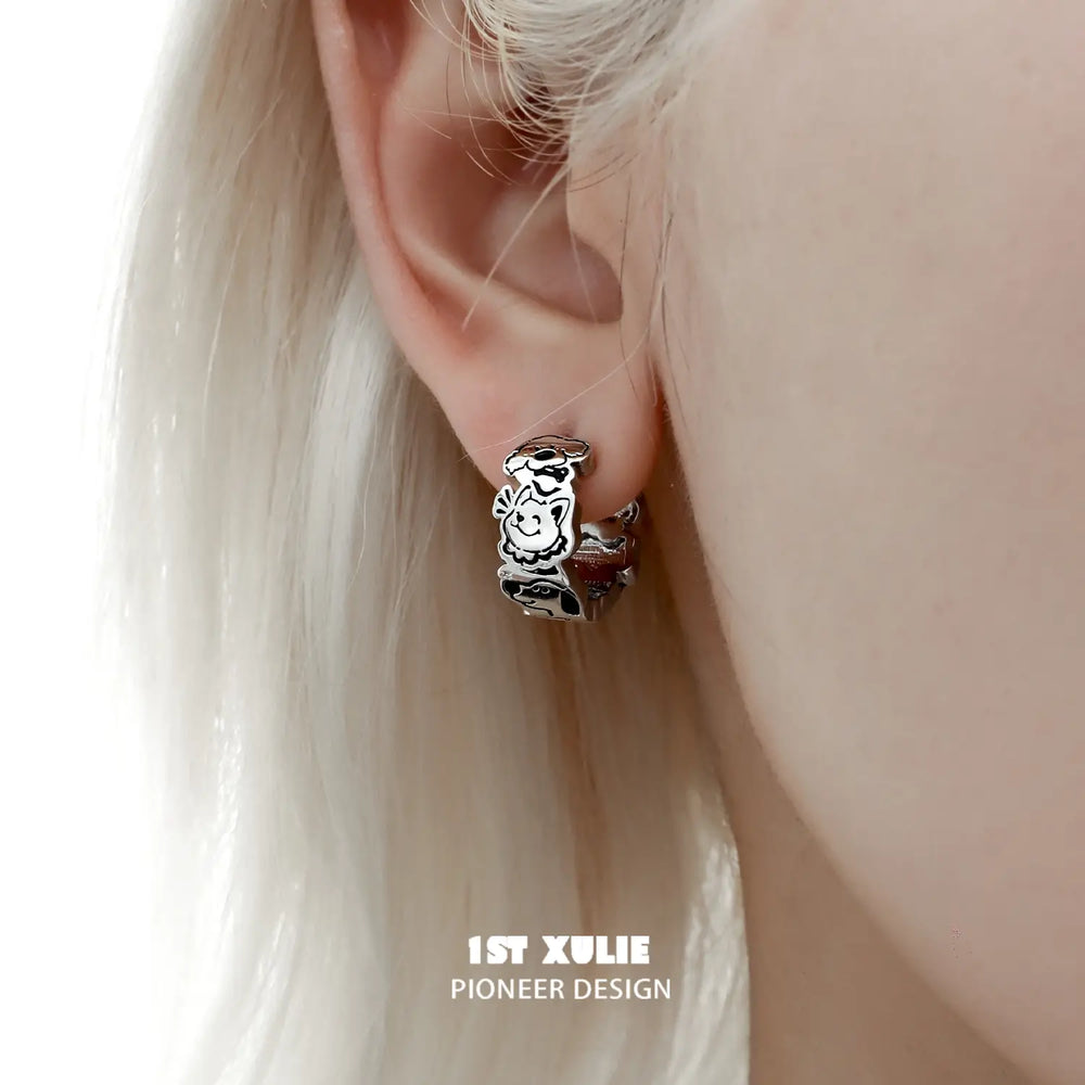 1ST XULIE "Graffiti Puppy" Playful Enamel Stud Earrings in Platinum Plating - Detail Shot