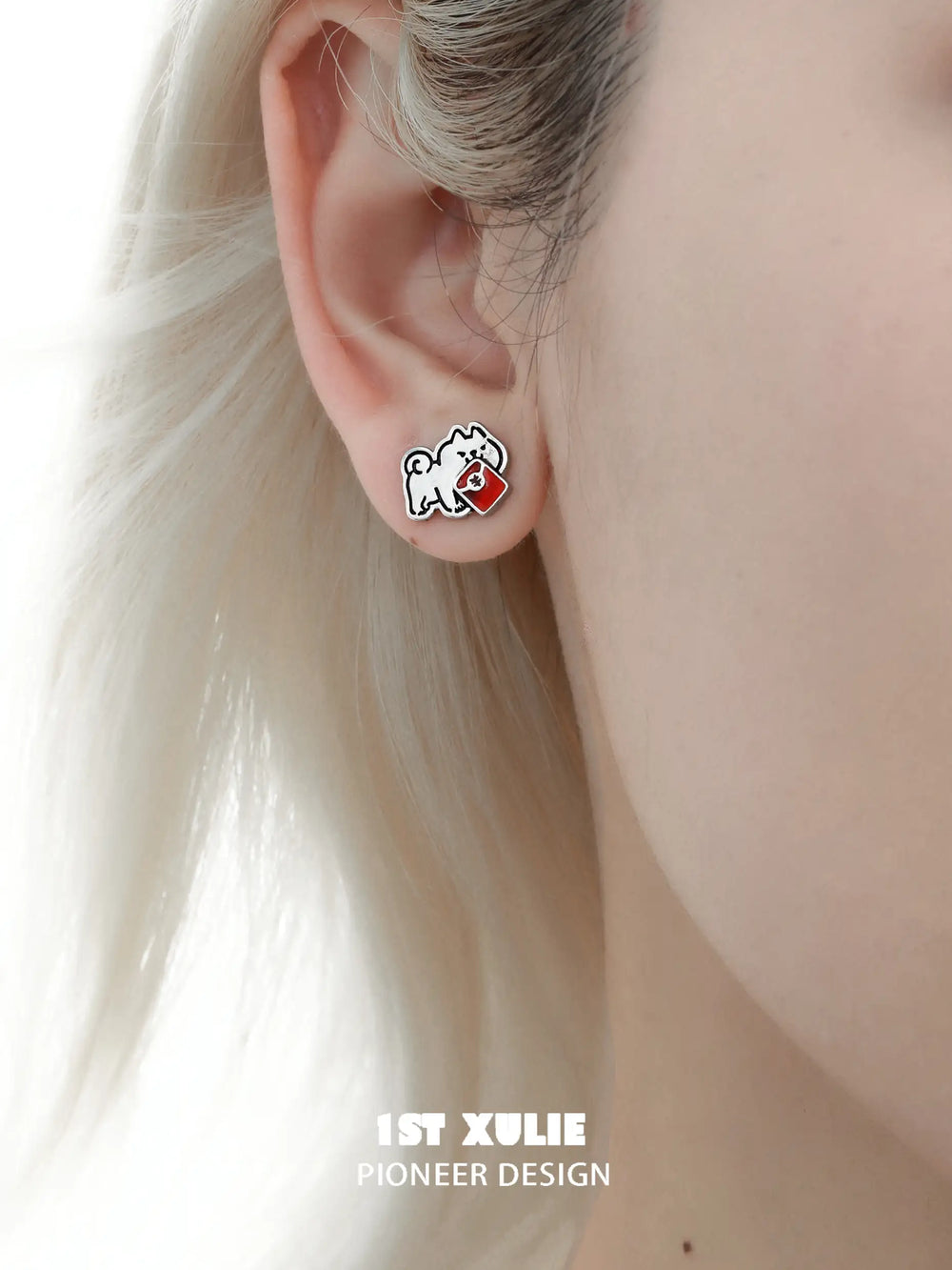 1ST XULIE "Graffiti Puppy Spring Festival" Mismatched Chinese New Year Stud Earrings in Platinum Plated Brass - Lifestyle Shot