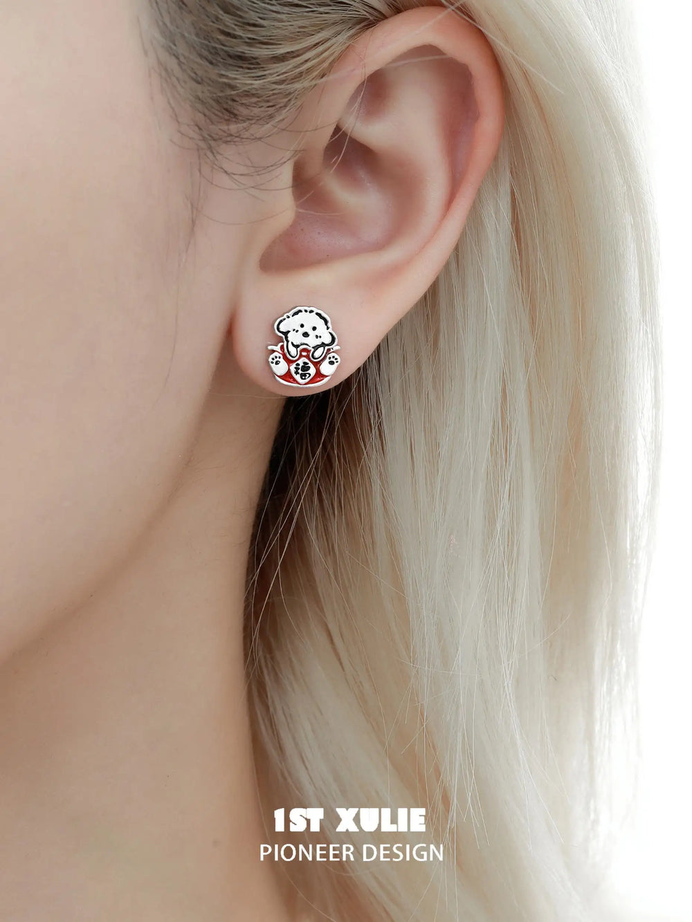 1ST XULIE "Graffiti Puppy Spring Festival" Mismatched Chinese New Year Stud Earrings in Platinum Plated Brass - Product View