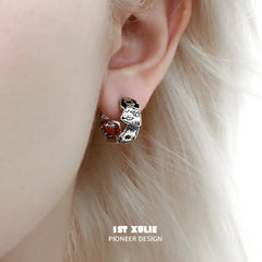 1ST XULIE "Graffiti Puppy" Playful Enamel Stud Earrings in Platinum Plating - On Model