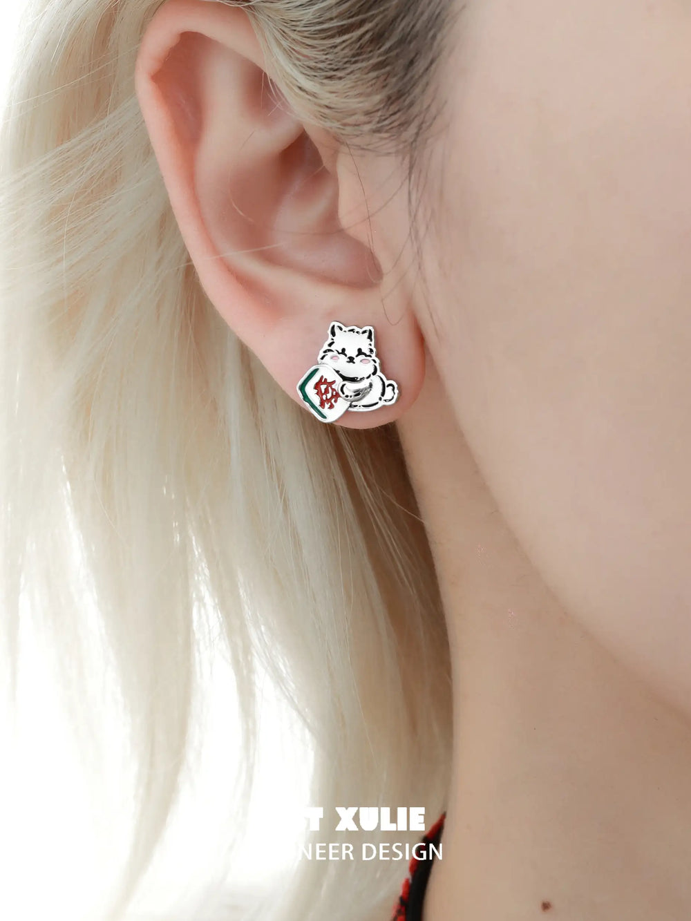 1ST XULIE "Graffiti Puppy Spring Festival" Mismatched Chinese New Year Stud Earrings in Platinum Plated Brass - On Model