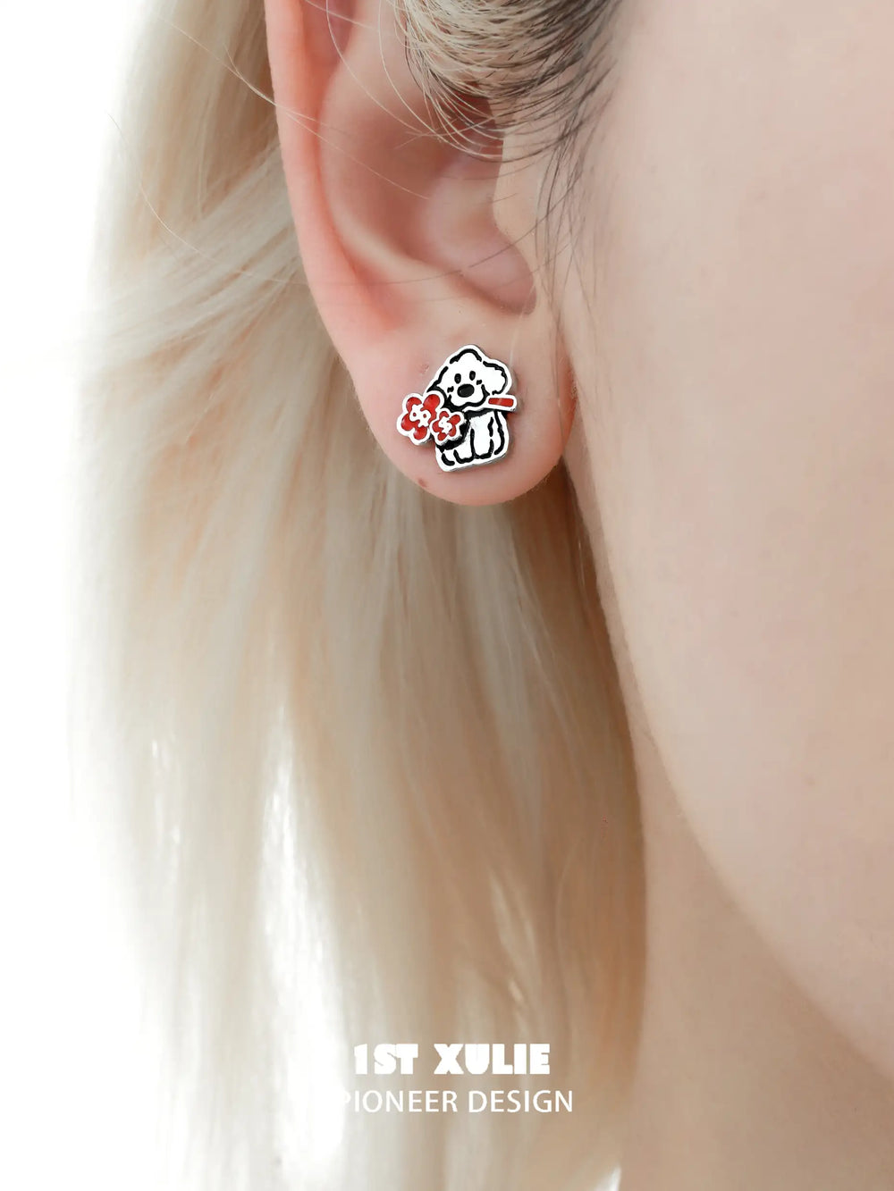 1ST XULIE "Graffiti Puppy Spring Festival" Mismatched Chinese New Year Stud Earrings in Platinum Plated Brass - On Model Close-up