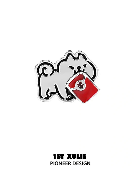 1ST XULIE "Graffiti Puppy Spring Festival" Mismatched Chinese New Year Stud Earrings in Platinum Plated Brass - Packaging View