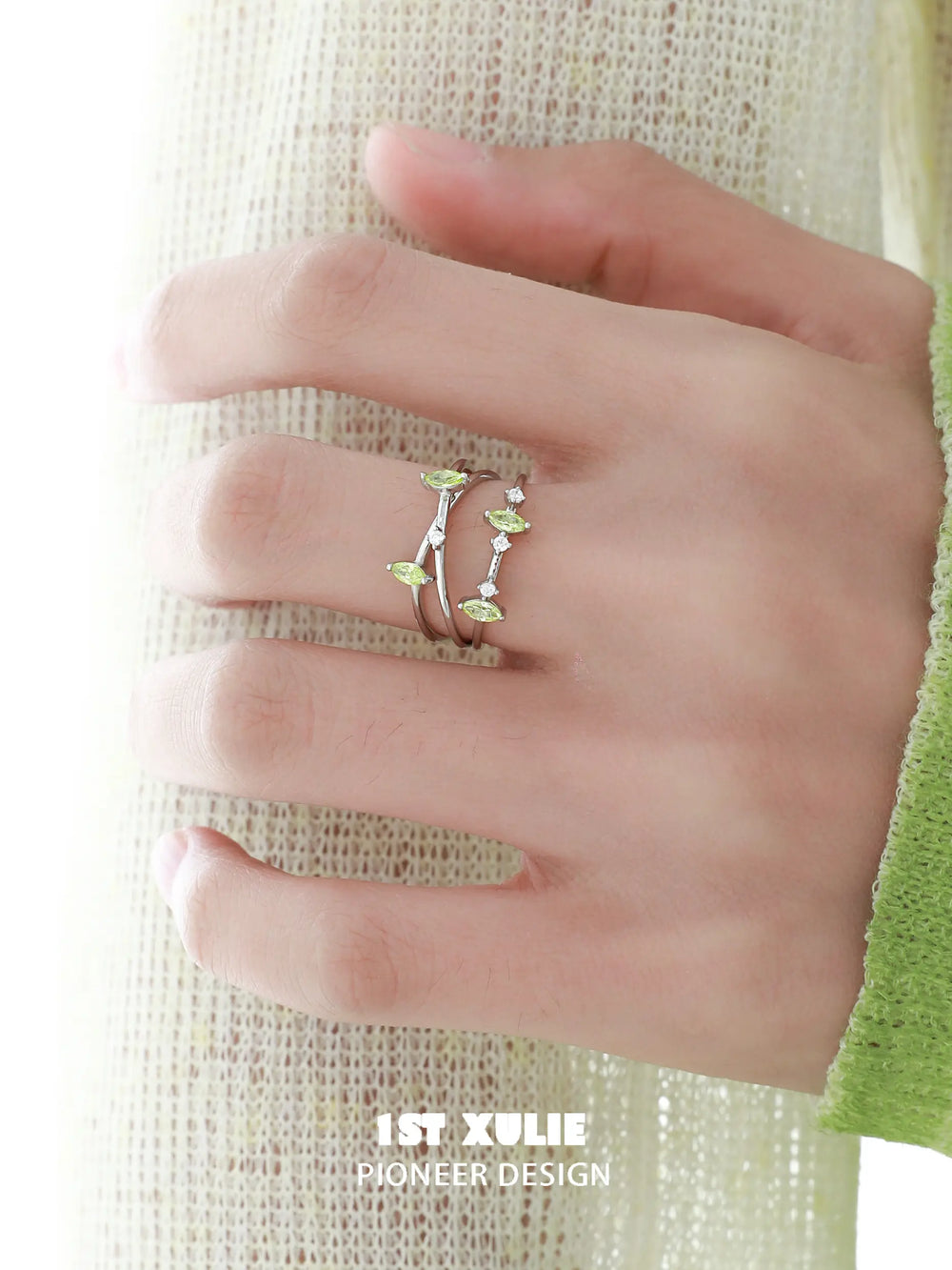 1ST XULIE "Cuties' Appleland" Dainty Green Apple Stacking Open Ring in 925 Sterling Silver - Lifestyle Shot