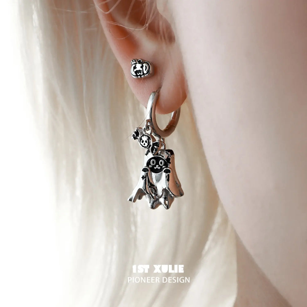 1ST XULIE "Ghosts" Halloween Ghost Cat Dangle Earrings in Platinum Plated - Side View