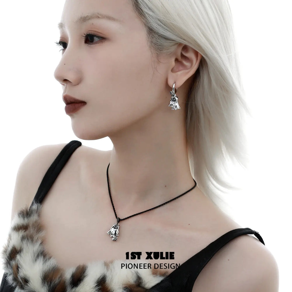1ST XULIE "Ghosts" Halloween Ghost Cat Dangle Earrings in Platinum Plated - Detail Shot