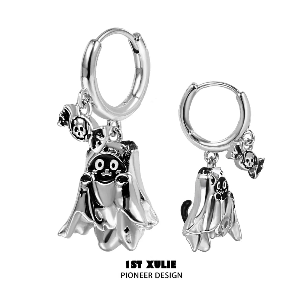1ST XULIE "Ghosts" Halloween Ghost Cat Dangle Earrings in Platinum Plated - Product View