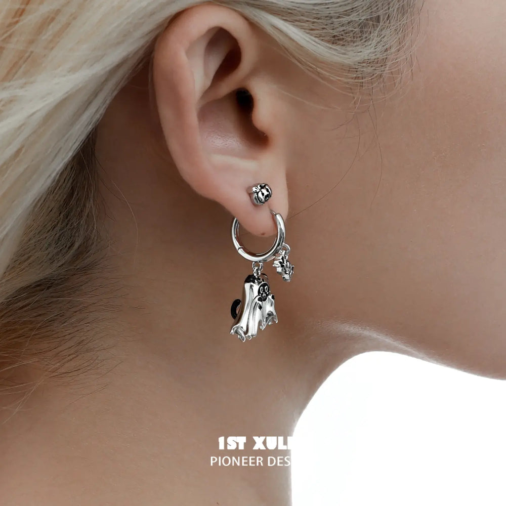 1ST XULIE "Ghosts" Halloween Ghost Cat Dangle Earrings in Platinum Plated - Pair View
