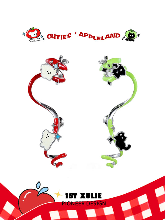 1ST XULIE "Cuties' Appleland" Hand-Painted Cyclone Apple Ear Climber Earrings in Platinum Plated Brass - Product View