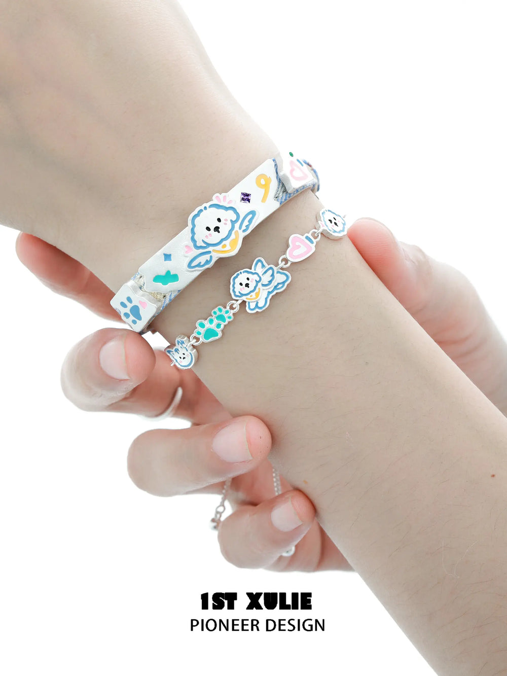 1ST XULIE "Angel Cuties" Hand-Painted Kitten & Puppy Leather Charm Bracelet in 18K Gold Plated Brass - Detail Shot