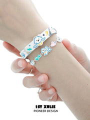 1ST XULIE "Angel Cuties" Hand-Painted Kitten & Puppy Leather Charm Bracelet in 18K Gold Plated Brass - Detail Shot