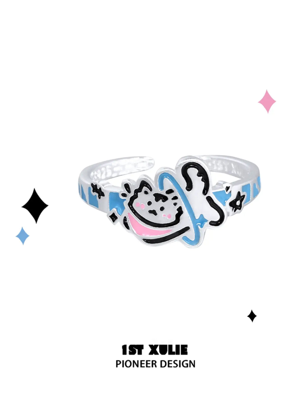 1ST XULIE "Angel Cuties" Hand-Painted Kitten & Puppy Statement Animal Ring in 925 Sterling Silver - Angle View