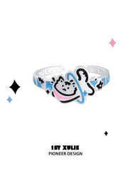 1ST XULIE "Angel Cuties" Hand-Painted Kitten & Puppy Statement Animal Ring in 925 Sterling Silver - Angle View