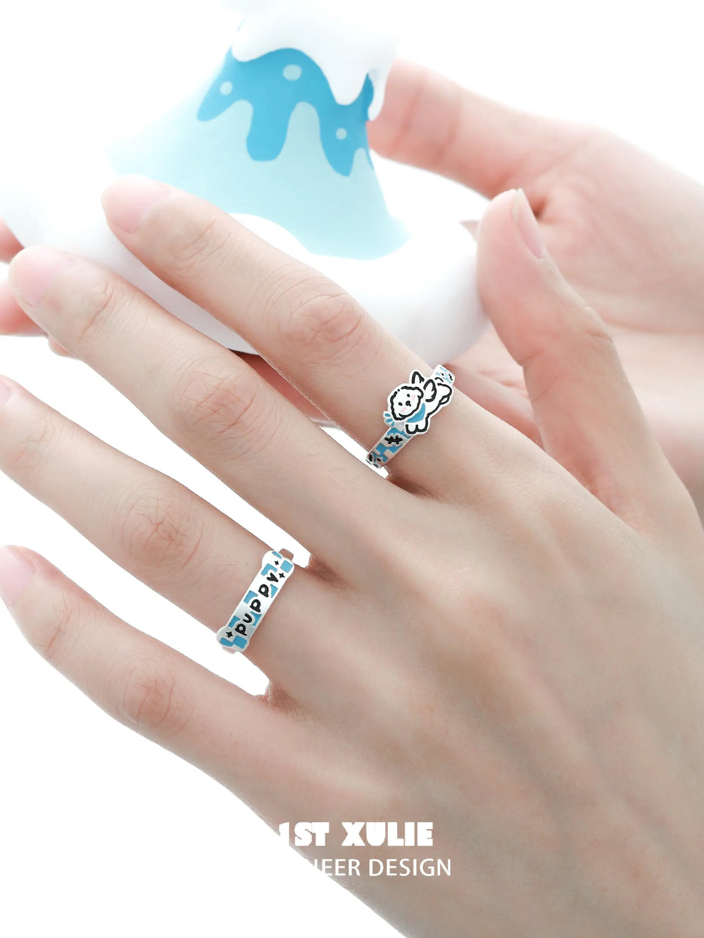 1ST XULIE "Angel Cuties" Hand-Painted Kitten & Puppy Statement Animal Ring in 925 Sterling Silver - Lifestyle Shot