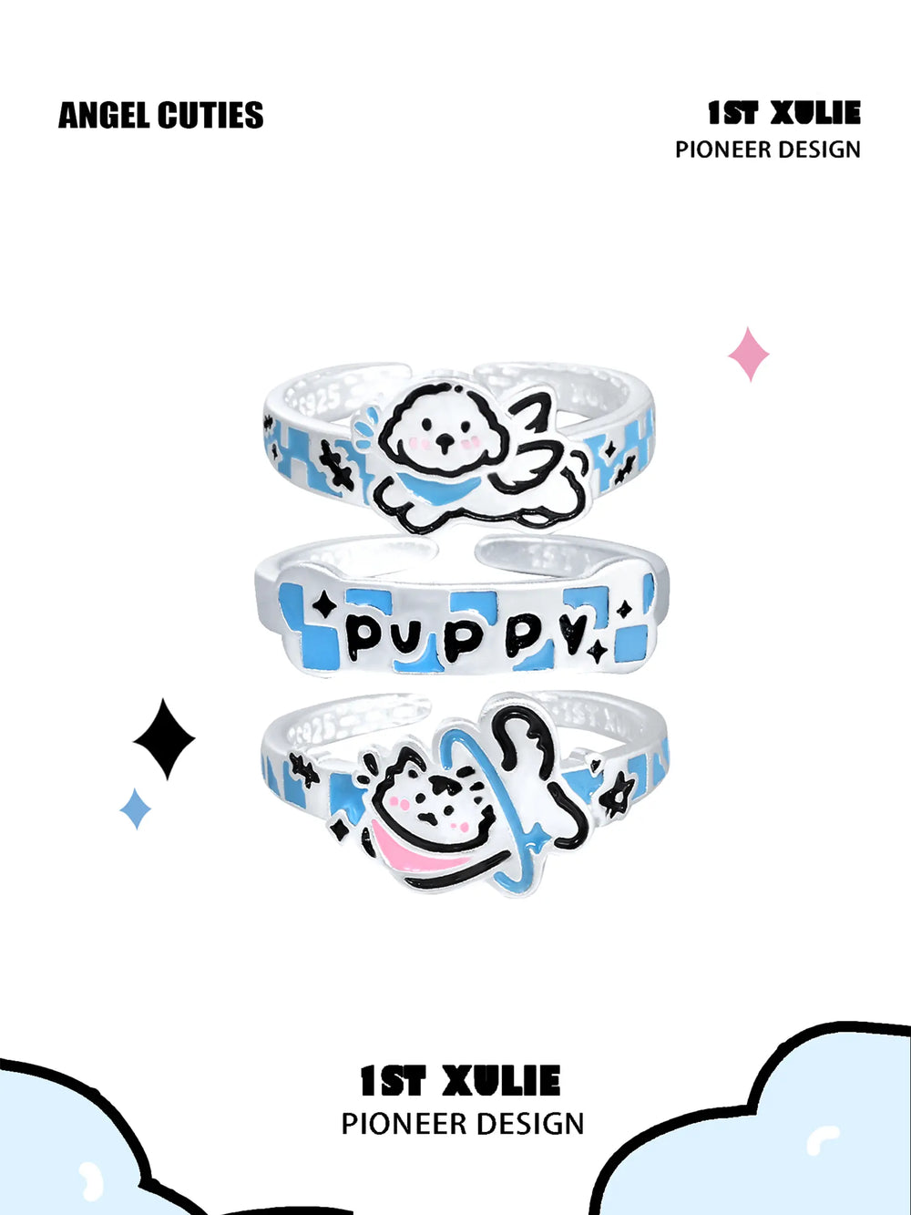 1ST XULIE "Angel Cuties" Hand-Painted Kitten & Puppy Statement Animal Ring in 925 Sterling Silver - Product View