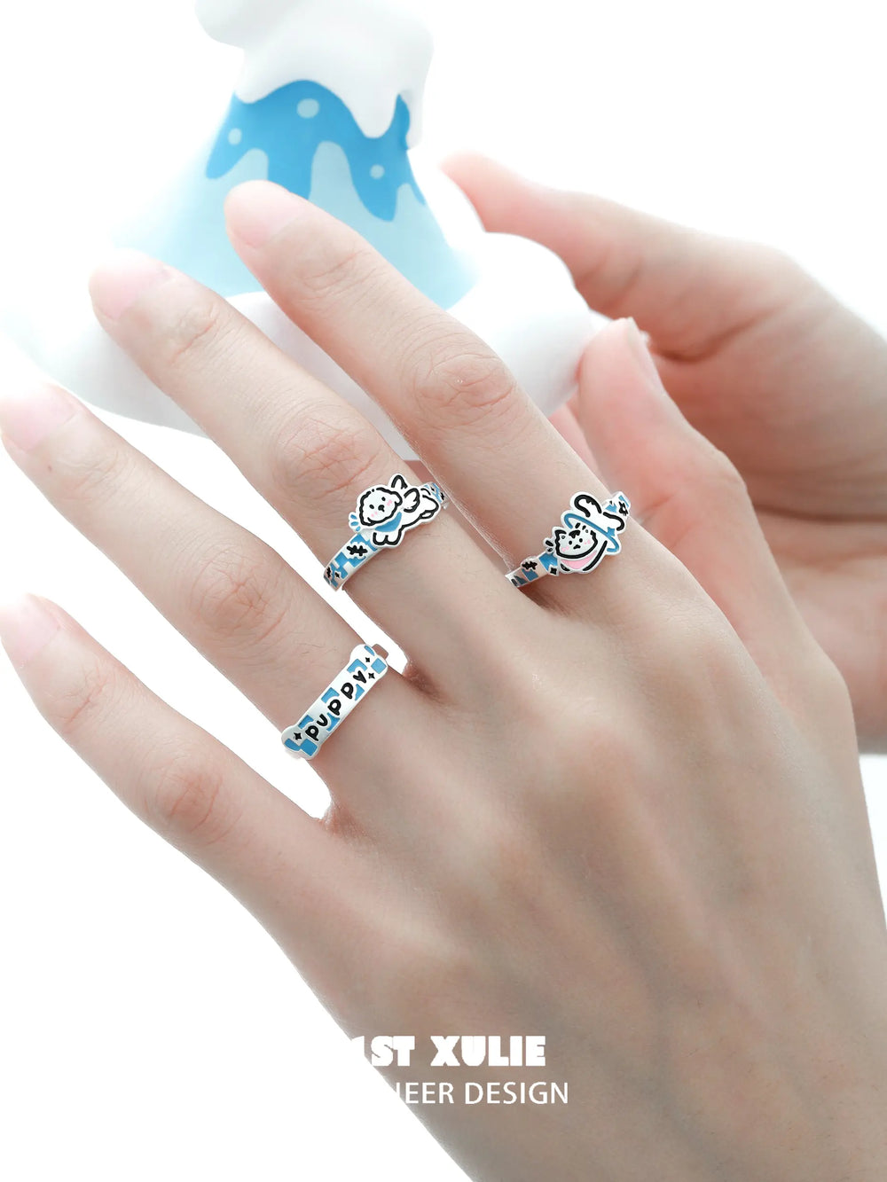 1ST XULIE "Angel Cuties" Hand-Painted Kitten & Puppy Statement Animal Ring in 925 Sterling Silver - On Model