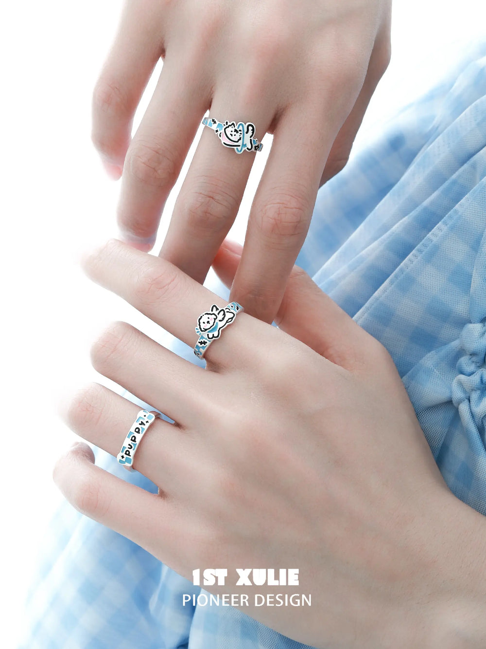 1ST XULIE "Angel Cuties" Hand-Painted Kitten & Puppy Statement Animal Ring in 925 Sterling Silver - On Model Close Up