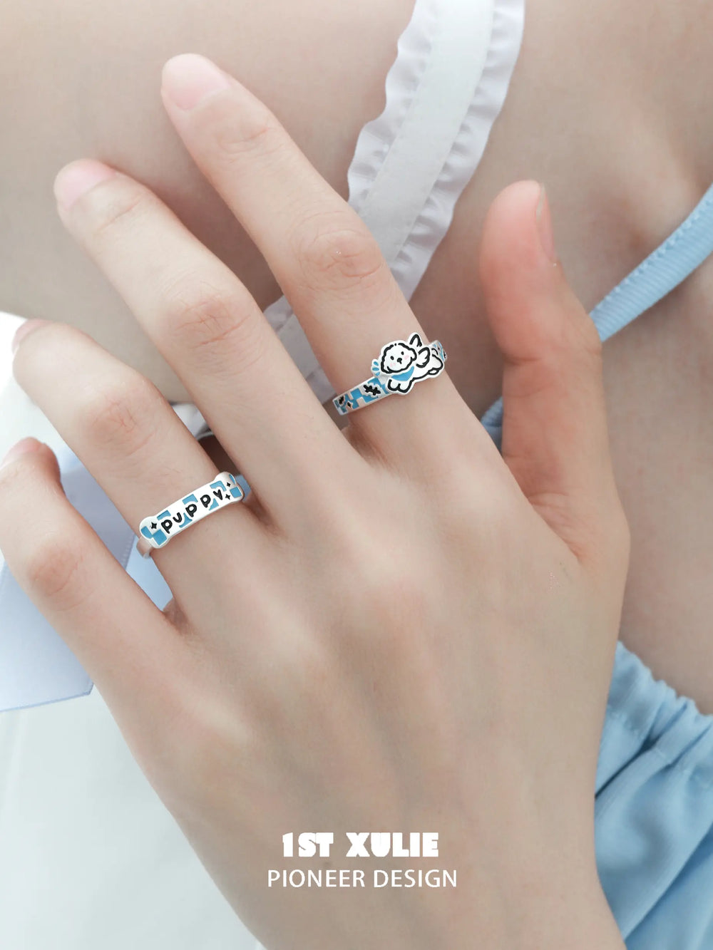1ST XULIE "Angel Cuties" Hand-Painted Kitten & Puppy Statement Animal Ring in 925 Sterling Silver - Side View