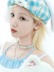 1ST XULIE "Angel Cuties" Hand-Painted Puppy & Plaid Choker Necklace Set in Platinum Plated & Resin - Detail Shot
