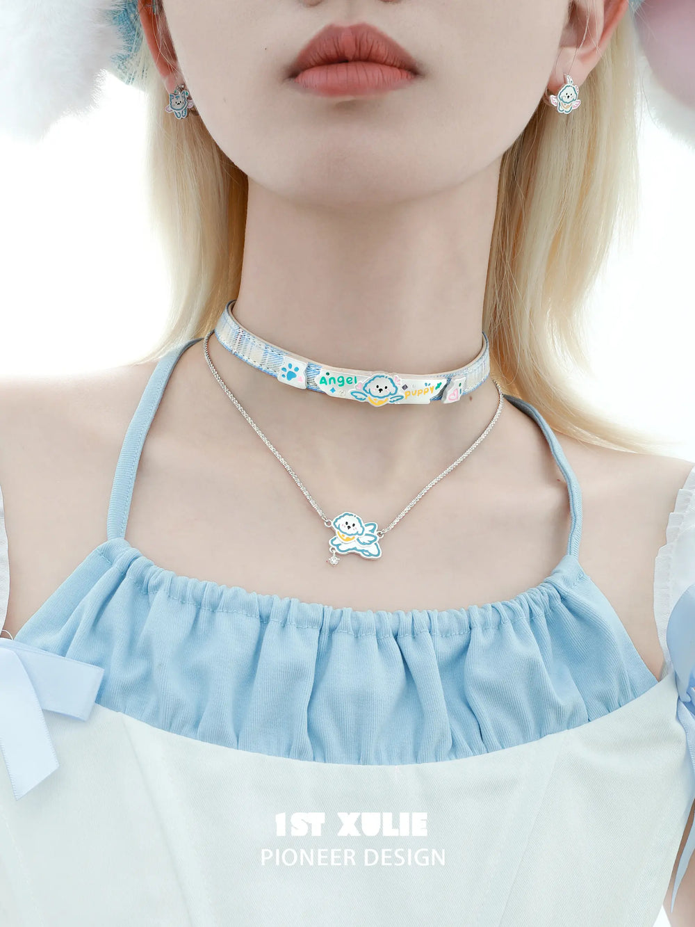 1ST XULIE "Angel Cuties" Hand-Painted Puppy & Plaid Choker Necklace Set in Platinum Plated & Resin - Lifestyle Shot