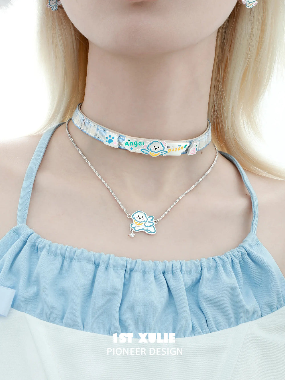 1ST XULIE "Angel Cuties" Hand-Painted Puppy & Plaid Choker Necklace Set in Platinum Plated & Resin - Product View