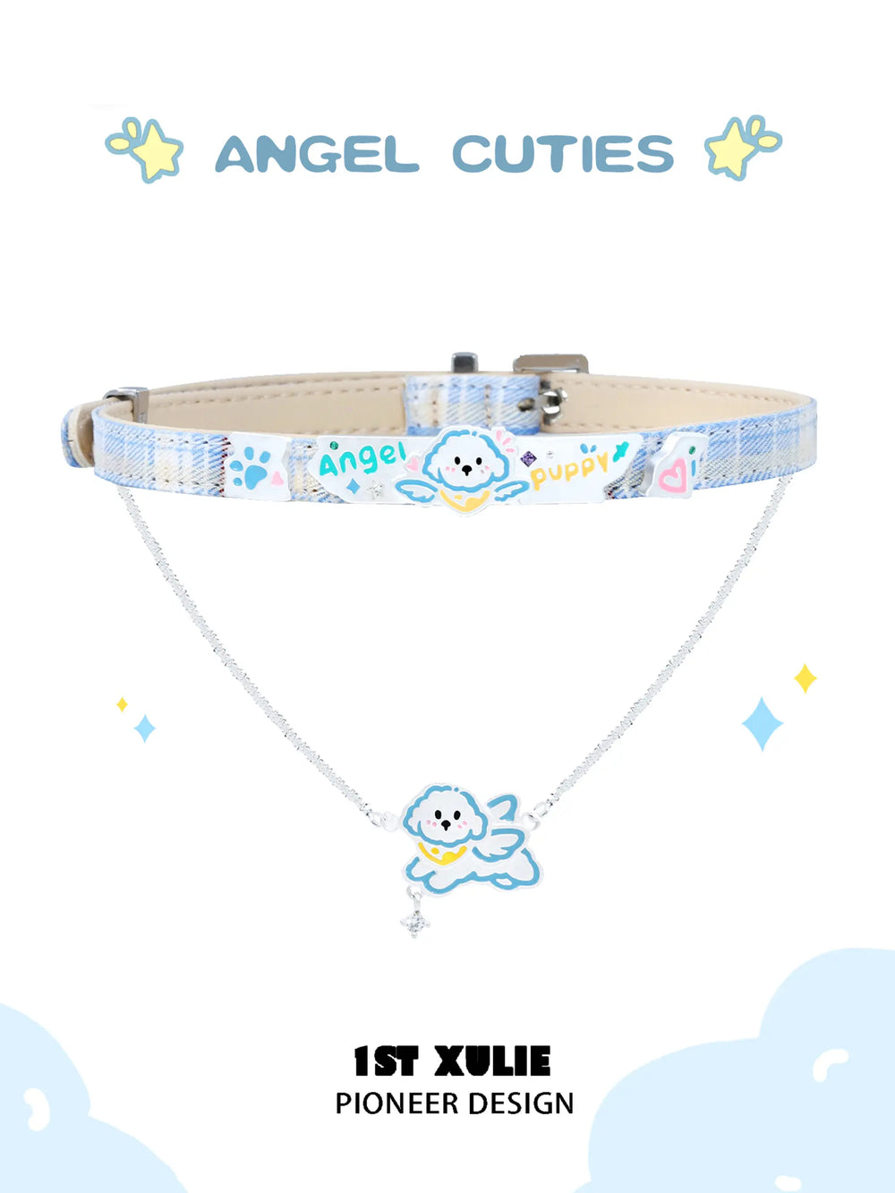 1ST XULIE "Angel Cuties" Hand-Painted Puppy & Plaid Choker Necklace Set in Platinum Plated & Resin - On Model