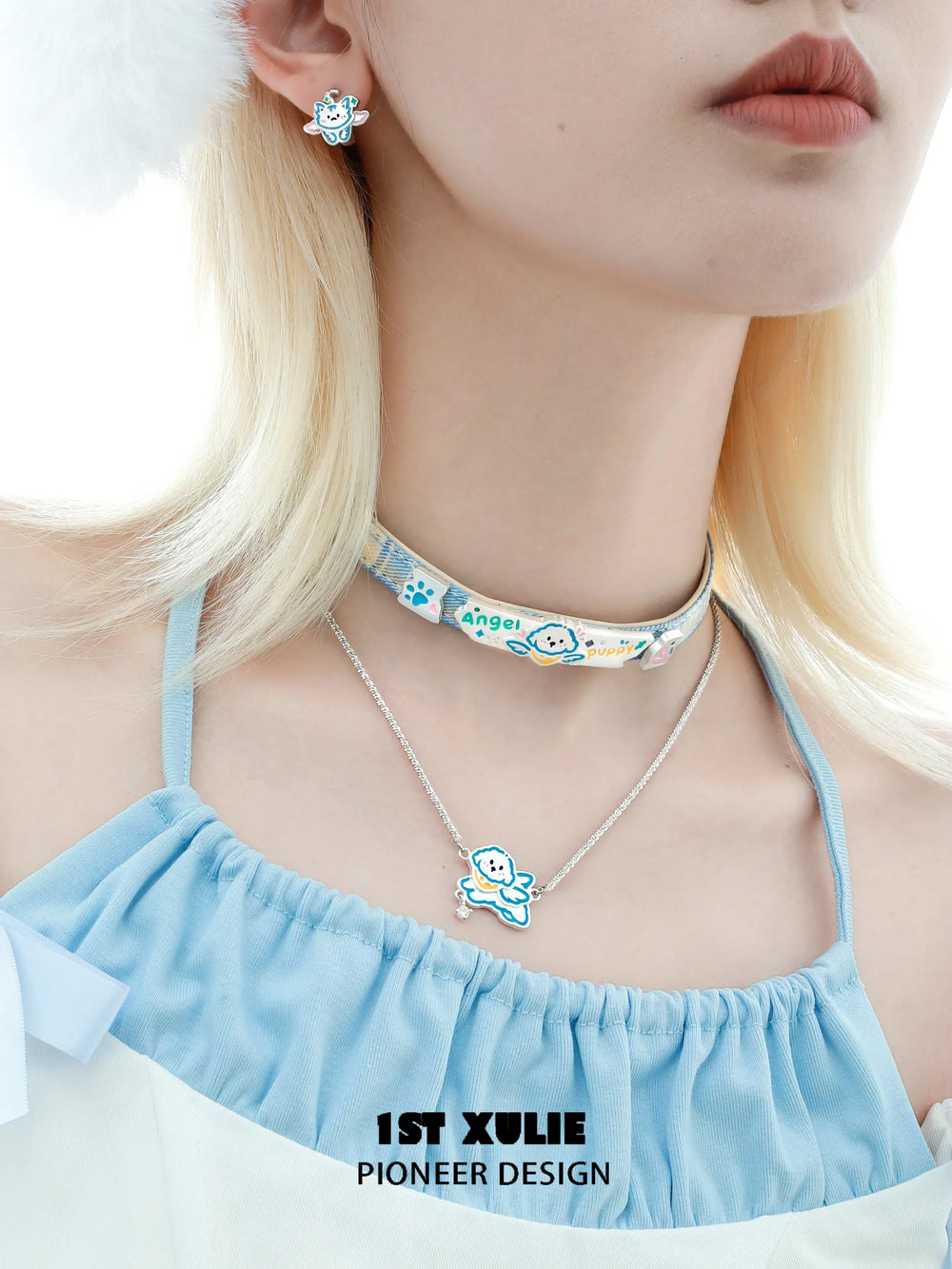 1ST XULIE "Angel Cuties" Hand-Painted Puppy & Plaid Choker Necklace Set in Platinum Plated & Resin - On Model Close-Up