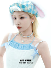 1ST XULIE "Angel Cuties" Hand-Painted Puppy & Plaid Choker Necklace Set in Platinum Plated & Resin - Side View
