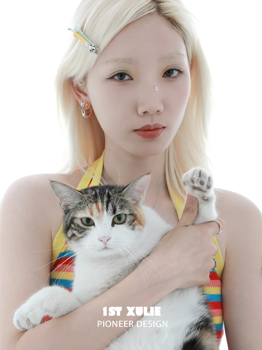 1ST XULIE Jewelry "RAINBOW CAT" Handmade Enamel Rainbow Cat Stud Earrings in Brass - Product View