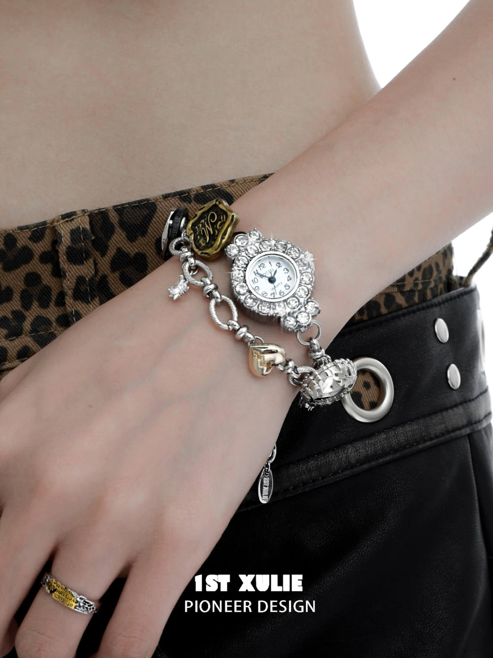 1ST XULIE "Immortal Lover" Iced Out Moissanite Watch Bracelet in Platinum Plated - Detail Shot