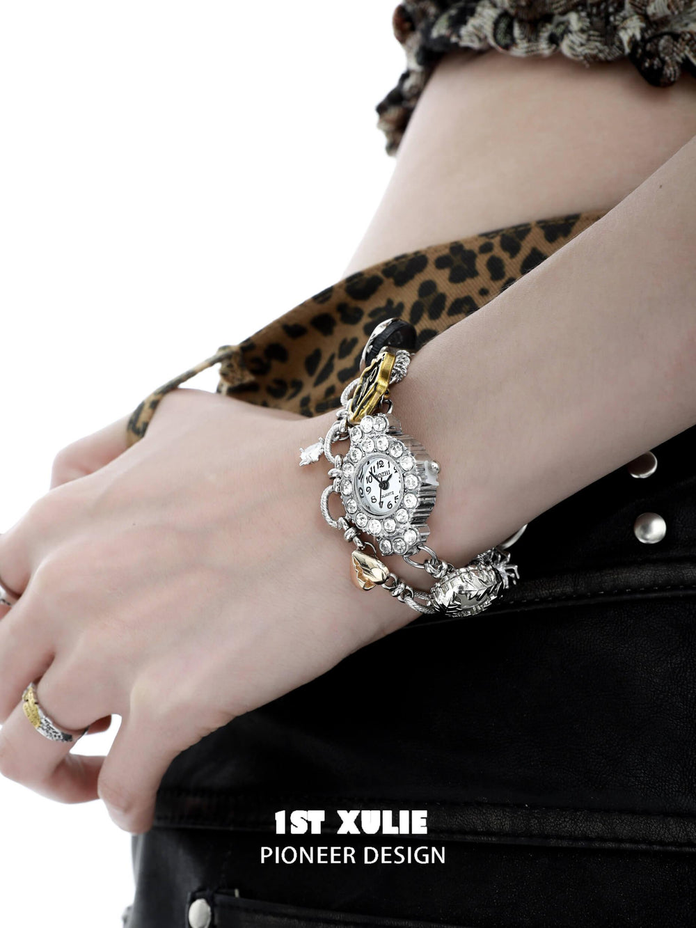 1ST XULIE "Immortal Lover" Iced Out Moissanite Watch Bracelet in Platinum Plated - On Model Close-up