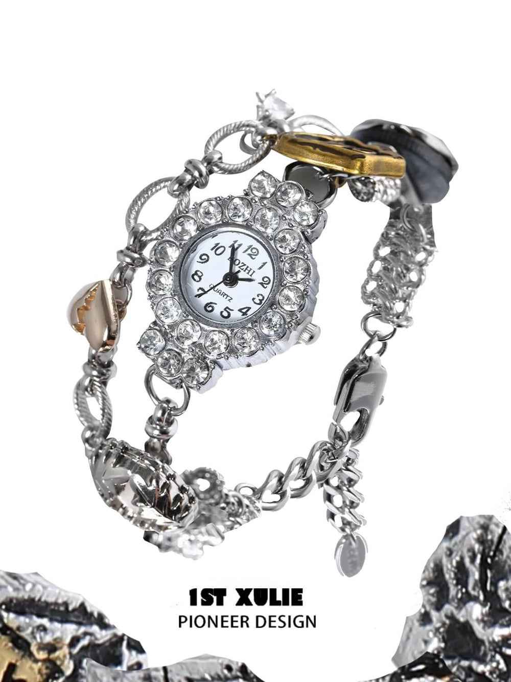 1ST XULIE "Immortal Lover" Iced Out Moissanite Watch Bracelet in Platinum Plated - Side View