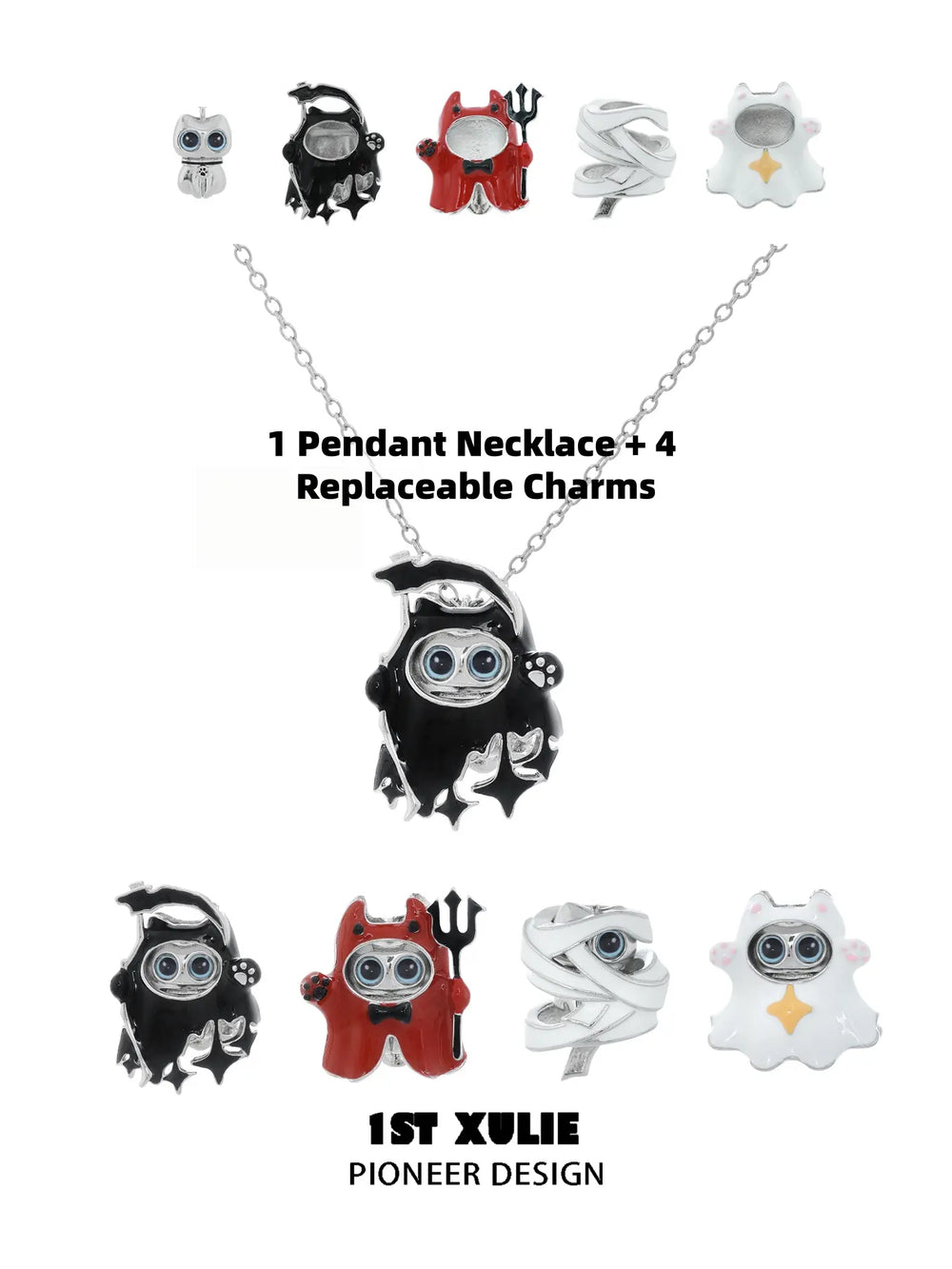 1ST XULIE "CANDLELIGHT GHOST" Interchangeable Ghost Cat Charm Necklace in Platinum Plated - Angle View