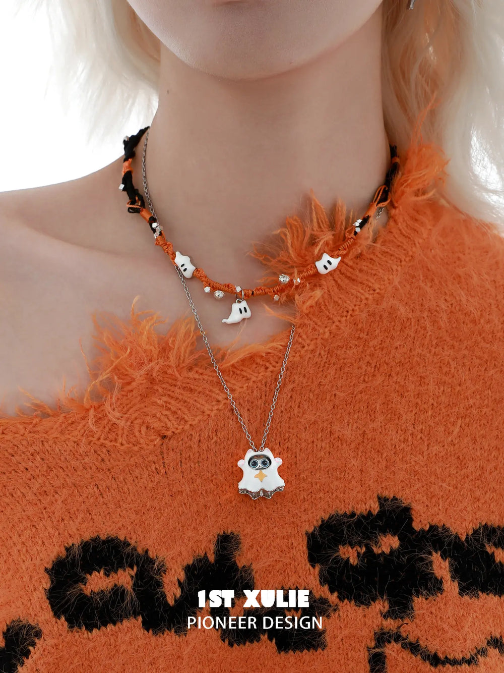 1ST XULIE "CANDLELIGHT GHOST" Interchangeable Ghost Cat Charm Necklace in Platinum Plated - Product View