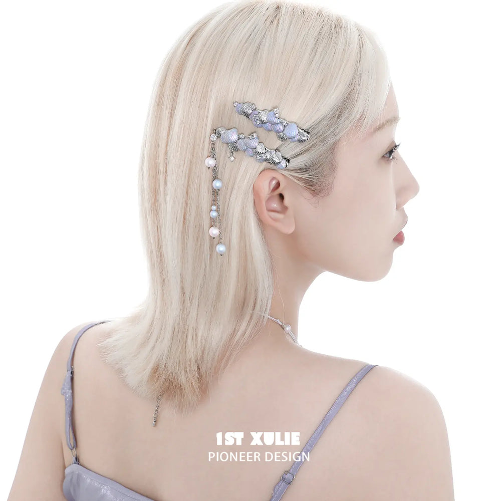 1ST XULIE Jewelry "ATLANTIS" Iridescent Seashell Hair Clips in Rhodium Plated Brass - Side View