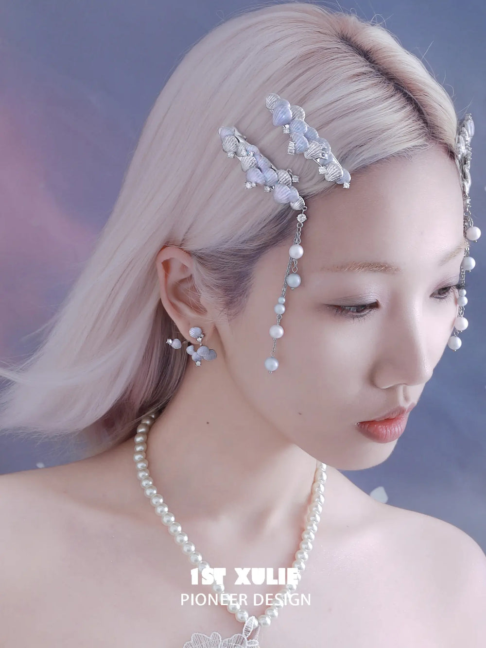 1ST XULIE Jewelry "ATLANTIS" Iridescent Seashell Hair Clips in Rhodium Plated Brass - Texture Shot