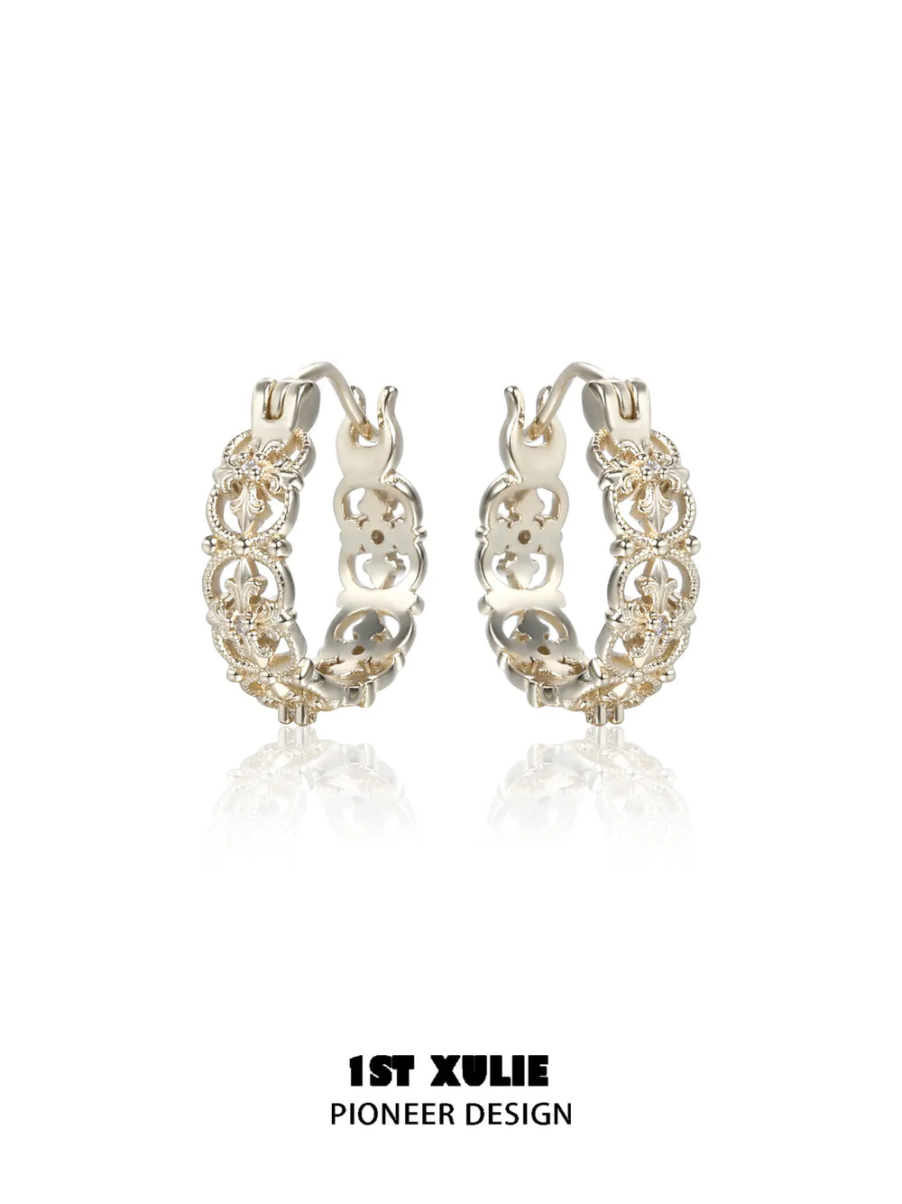 1ST XULIE "Bastet" Iris Blossom Huggie Hoop Earrings in Rhodium Plated - Product View