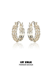 1ST XULIE "Bastet" Iris Blossom Huggie Hoop Earrings in Rhodium Plated - Product View
