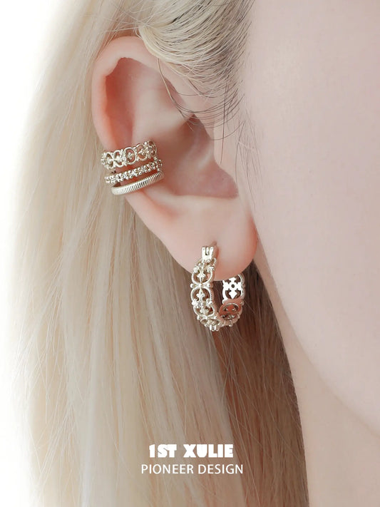 1ST XULIE "Bastet" Iris Blossom Huggie Hoop Earrings in Rhodium Plated - Side View