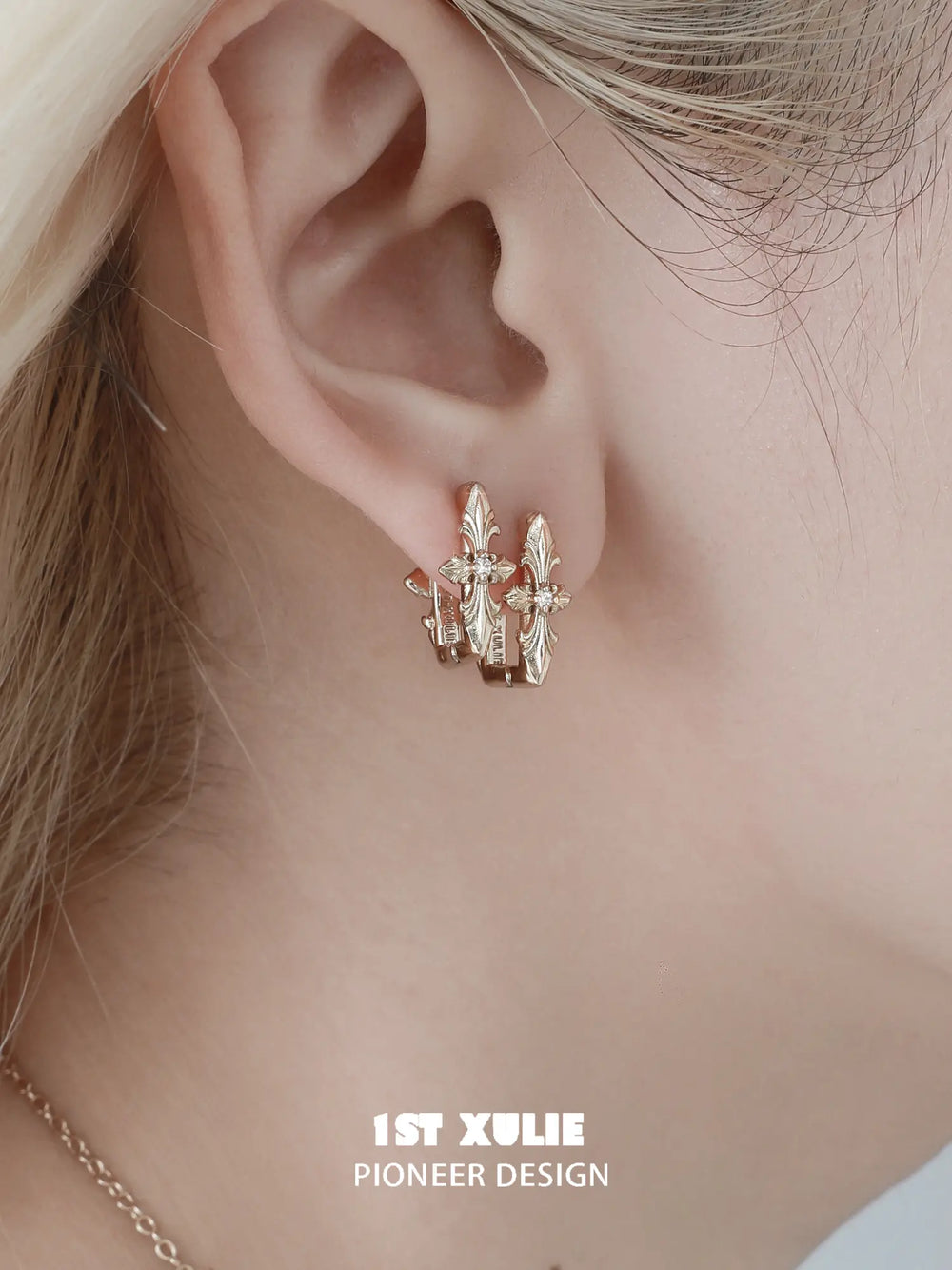 1ST XULIE Jewelry "Bastet" Iris Dangle Huggie Hoop Earrings in Platinum Plated - Lifestyle Shot