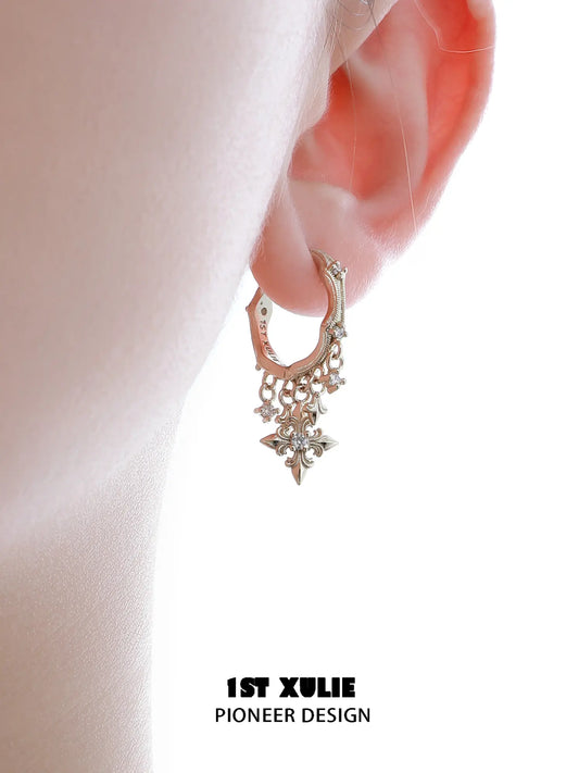 1ST XULIE Jewelry "Bastet" Iris Fringe Drop Dangle Hoop Earrings - On Model Close Up