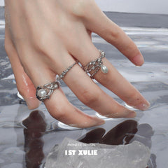 1ST XULIE "Tears of Mermaid" Irregular Mermaid Tear Adjustable Open Ring in 925 Sterling Silver - On Model Close-Up