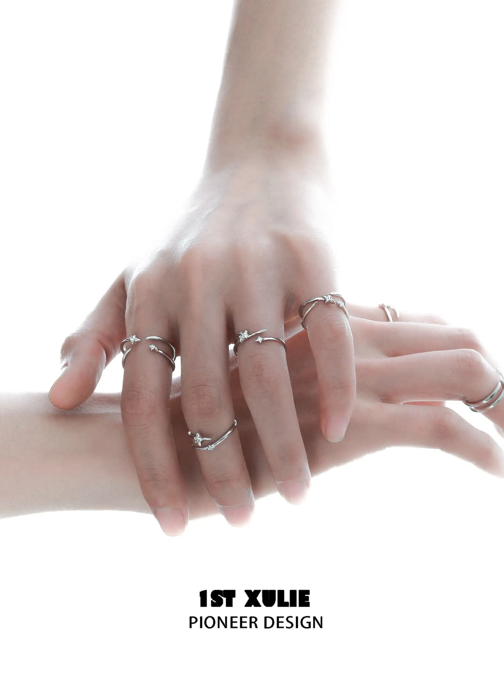 1ST XULIE "Silver Angel" Irregular Twisted Adjustable Stacking Ring Set in 925 Sterling Silver - Angled View