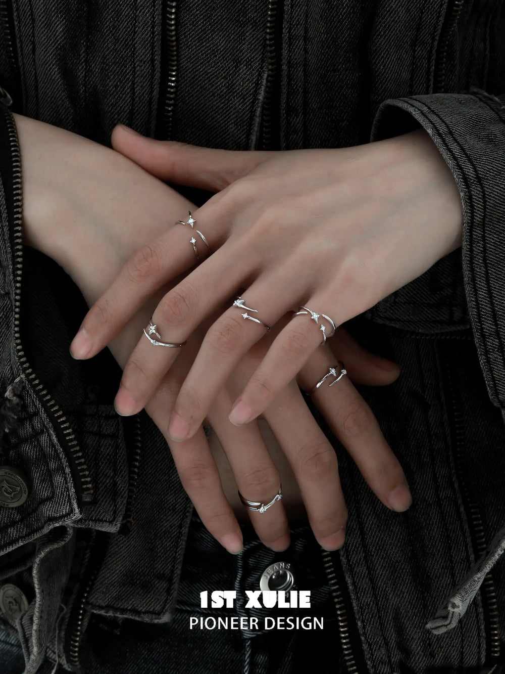 1ST XULIE "Silver Angel" Irregular Twisted Adjustable Stacking Ring Set in 925 Sterling Silver - On Model