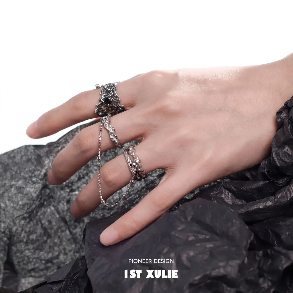 1ST XULIE "Daybreak" Dark Style Irregular Zirconia Statement Ring in 925 Sterling Silver - Product View