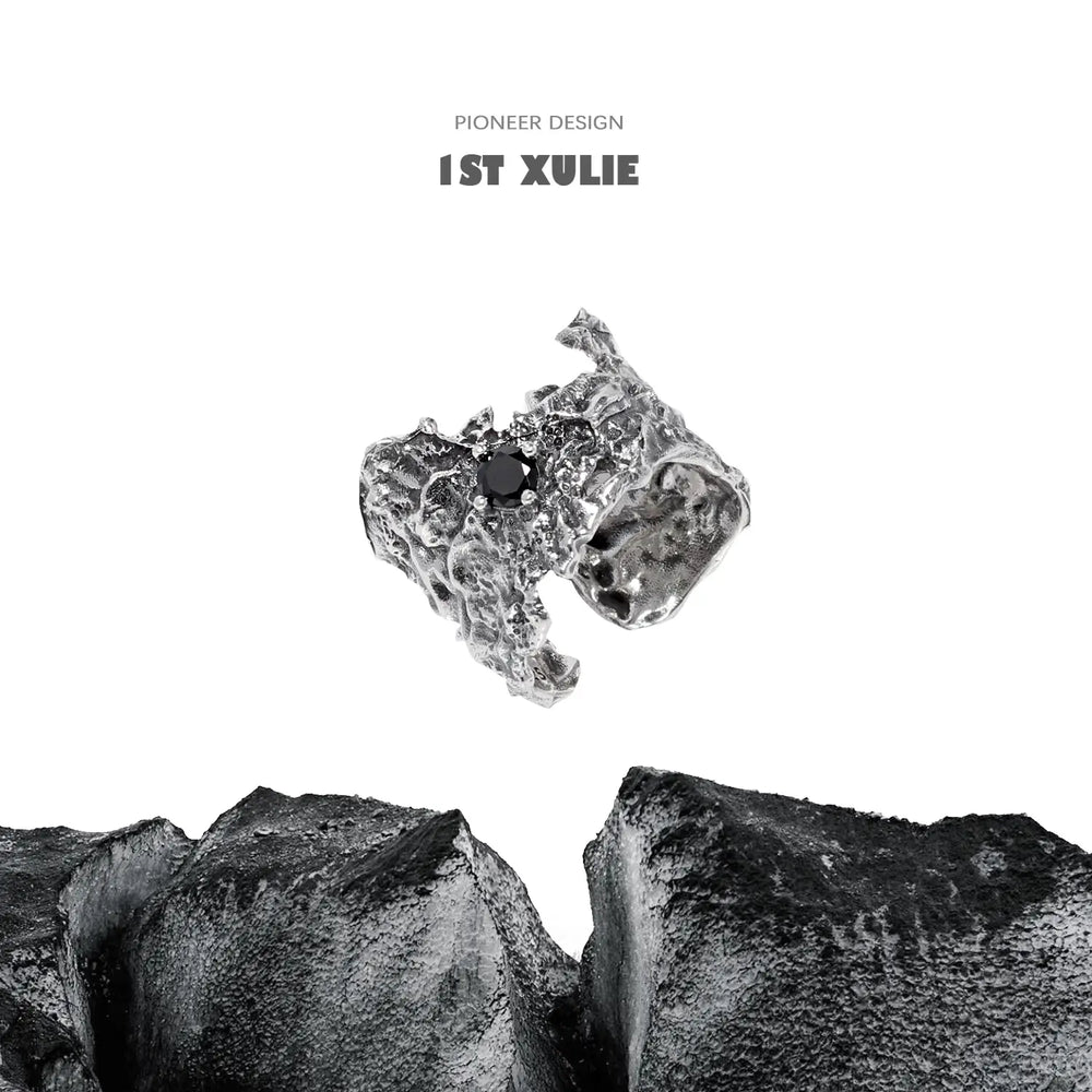 1ST XULIE "Daybreak" Dark Style Irregular Zirconia Statement Ring in 925 Sterling Silver - On Model