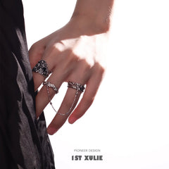 1ST XULIE "Daybreak" Dark Style Irregular Zirconia Statement Ring in 925 Sterling Silver - On Model Close-Up