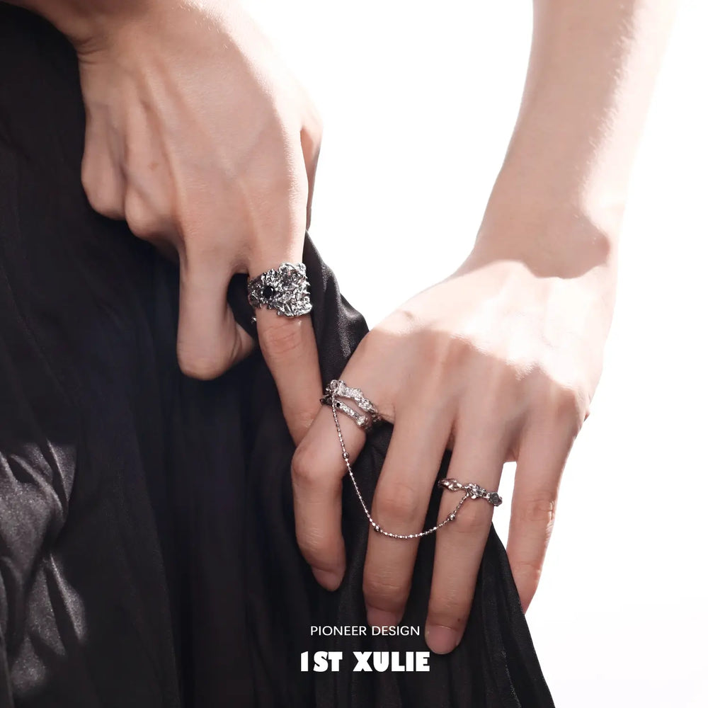 1ST XULIE "Daybreak" Dark Style Irregular Zirconia Statement Ring in 925 Sterling Silver - Texture Detail