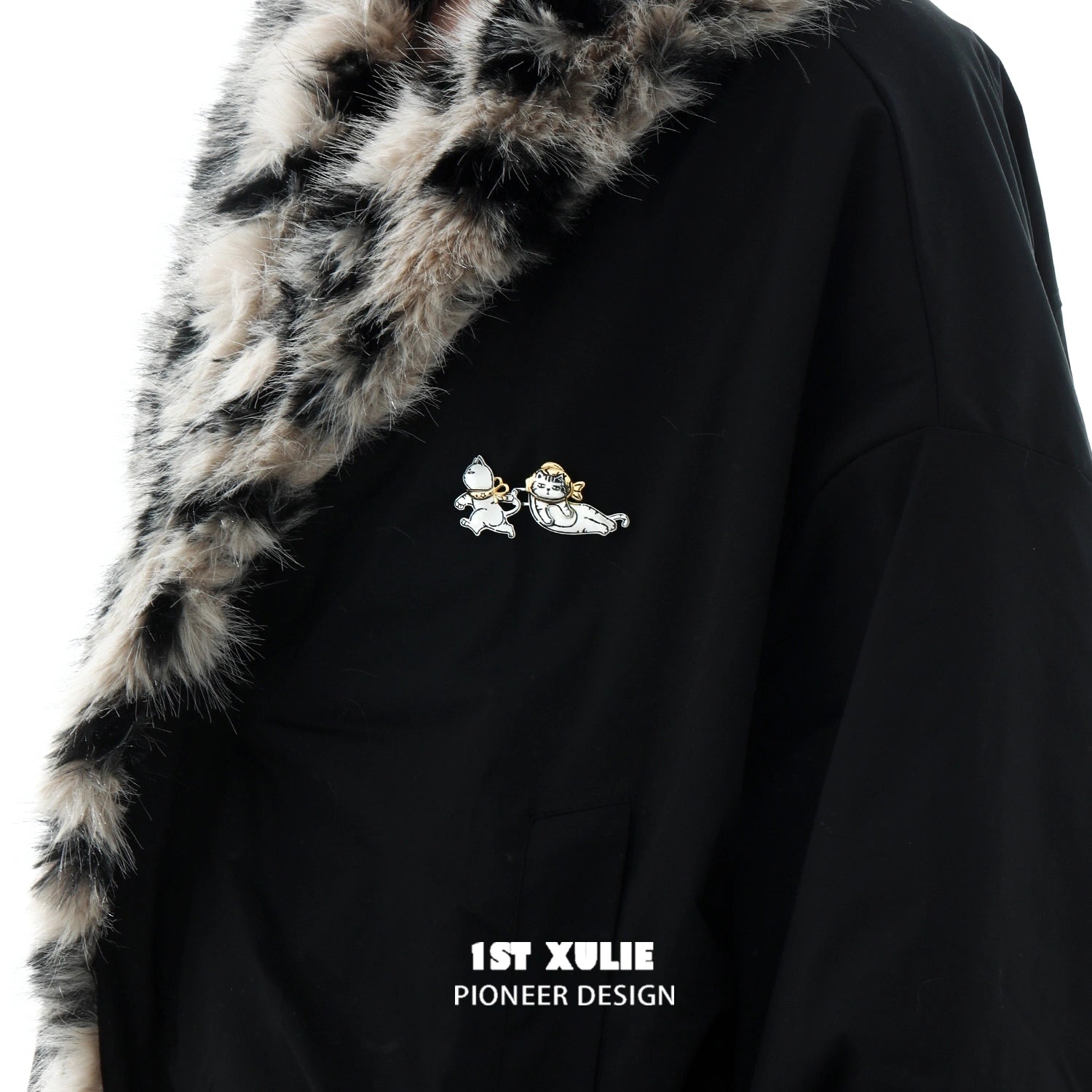 1ST XULIE "Graffiti" Kitten Lazy Cat Brooch in Platinum Plated Brass - Lifestyle Shot 1ST XULIE "Graffiti" Kitten Lazy Cat Brooch in Platinum Plated Brass - Lifestyle Shot