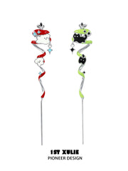 1ST XULIE "Cuties' Appleland" Whimsical Kitten & Puppy Apple Statement Dangle Needle Piercing Earrings in Platinum Plated - On Model Close-Up